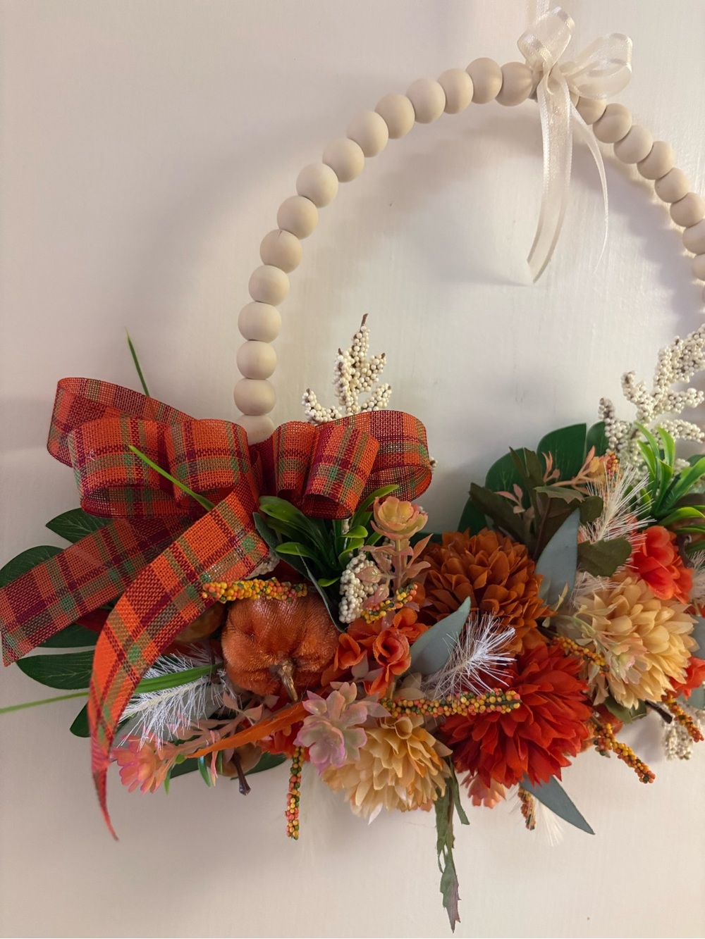 Autumn Plaid Bow Fall Floral Wreath - Cream Bead Hoop